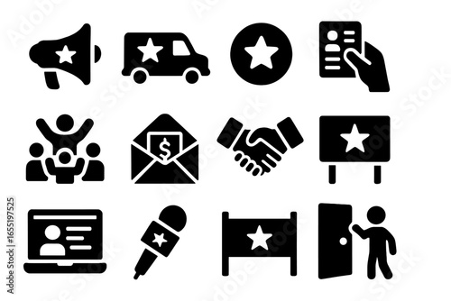 Political Campaign Icons. Solid style icons of political campaigns and tools: megaphone speech, campaign van, political button,