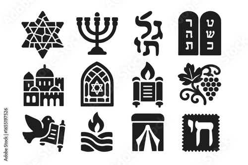 Synagogue Symbol Icons. Solid style icons of synagogue symbols in art: mosaic Star of David, etched menorah, calligraphic Torah