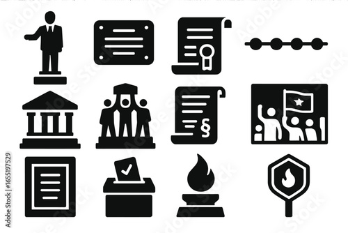 Political Memorial Icons. Solid style icons of political memorials and history: statue of statesman, historical plaque, archived