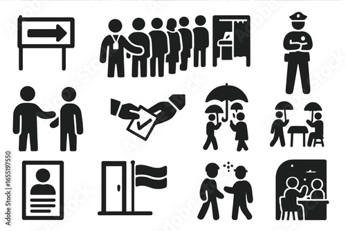Election Day Icons. Solid style icons of election day scenes: polling place sign, long line of voters, open voting booth,