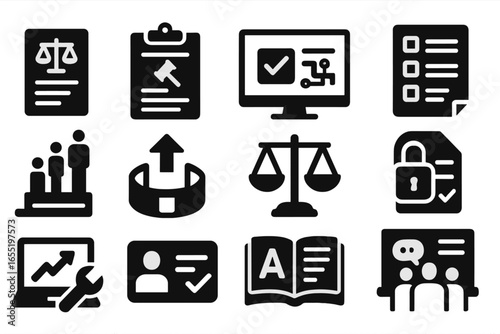 Election Reform Icons. Solid style icons of election reform and policy: new voting law paper, reform petition clipboard, digital