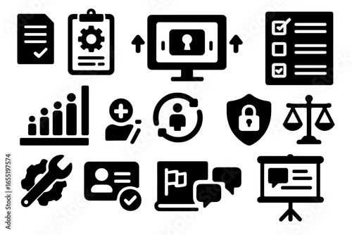 Election Reform Icons. Solid style icons of election reform and policy: new voting law paper, reform petition clipboard, digital