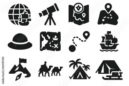Adventure Icons Collection. Solid style icons of exploration and discovery: globe with ship, telescope, compass and map,