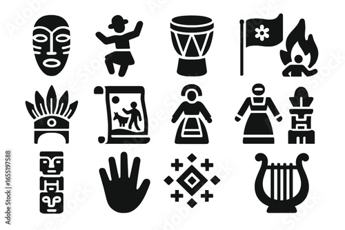 Cultural Symbols Icons. Solid style icons of cultural traditions and symbols: tribal mask, folk dance pose, ceremonial drum,