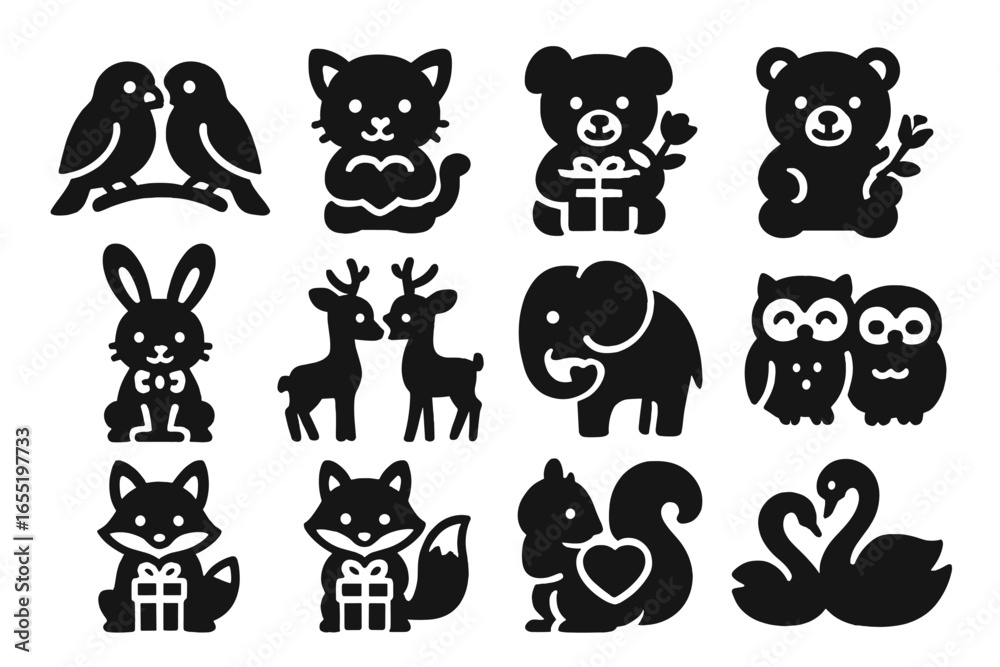 Obraz premium Valentine Animal Icons. Solid style icons of Valentine animals: lovebirds perched, kitten with heart, puppy with gift, bear