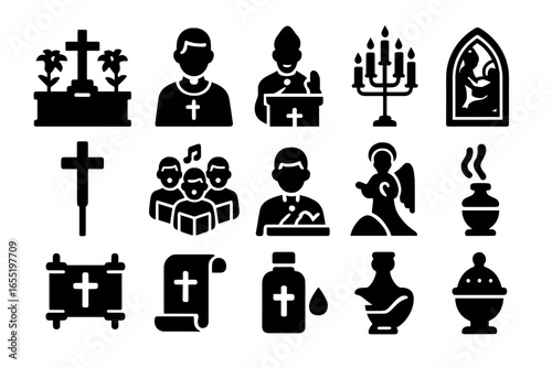 Easter Church Icons. Solid style icons of Easter in church: altar with lilies, clergy in white, candle stand, procession cross,