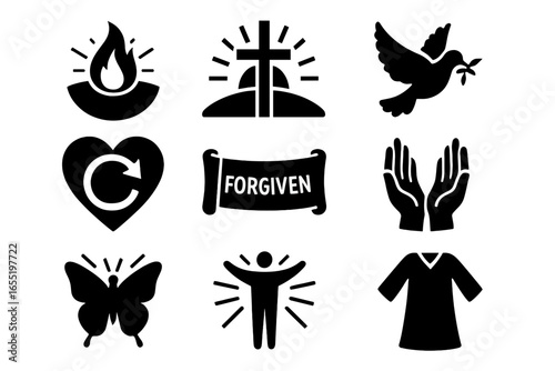 Easter Spiritual Icons. Solid style icons of Easter spiritual meaning: light breaking darkness, cross with rising sun, dove in