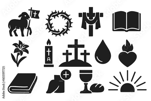 Easter Symbols Icons. Solid style icons of Easter symbols: lamb with flag, crown of thorns, cross draped in cloth, open Bible,