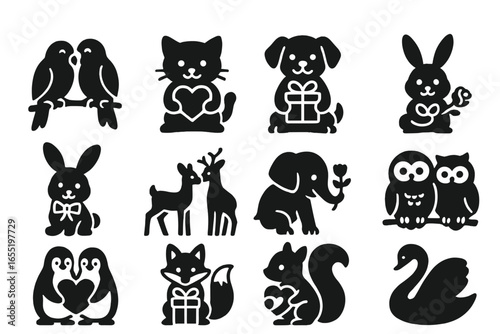Valentine Animal Icons. Solid style icons of Valentine animals: lovebirds perched, kitten with heart, puppy with gift, bear