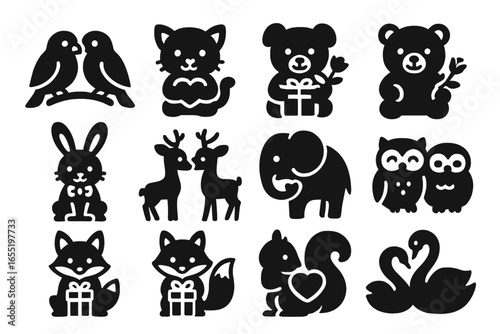 Valentine Animal Icons. Solid style icons of Valentine animals: lovebirds perched, kitten with heart, puppy with gift, bear