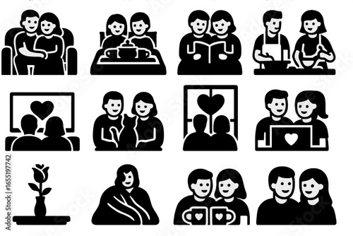 Valentine Home Icons. Solid style icons of Valentine home moments: cuddling on couch, breakfast in bed, reading together, cooking