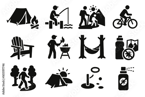 Father's Day Outdoors. Solid style icons of Father’s Day outdoors: tent and fire, fishing on dock, mountain path, bike ride,