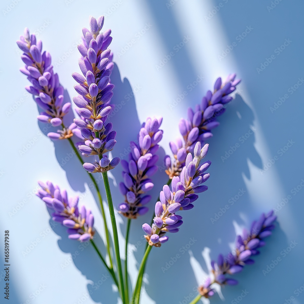 Fototapeta premium Fresh Lavender Sprigs on a Soft Blue Background, Showcasing Natural Beauty and Serenity