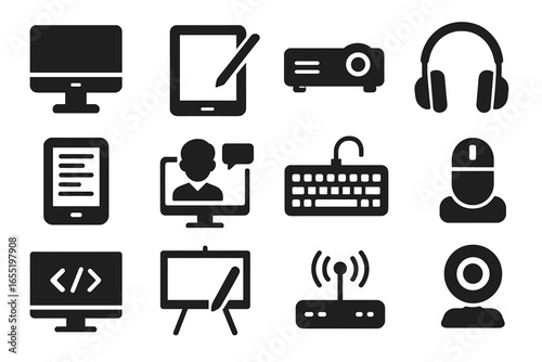 School Tech Icons. Solid style icons of school technology: desktop computer, tablet with stylus, projector, headphones, e-book
