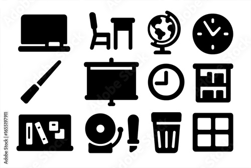 Classroom Icons Collection. Solid style icons of classroom objects: chalkboard, desk and chair, teacher’s pointer, globe,