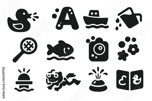 Bath Toys Icons. Solid style icons of water and bath toys: squirting duck, foam letter, bath boat, pouring cup, net scoop,