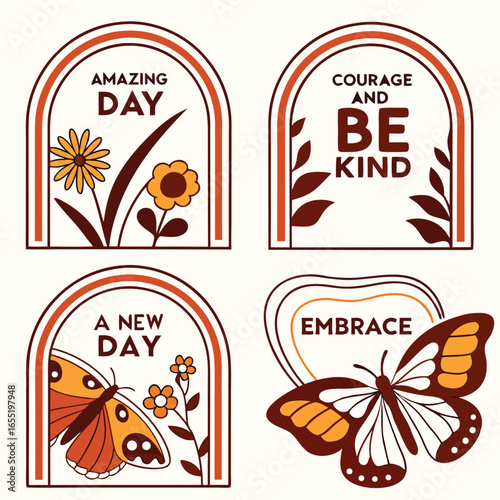 Retro inspired graphic badges with floral and butterfly motifs and positive affirmations vintage emblem