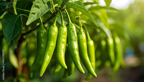 Fresh, vibrant green chili peppers hang from the vines, showcasing a rich harvest.