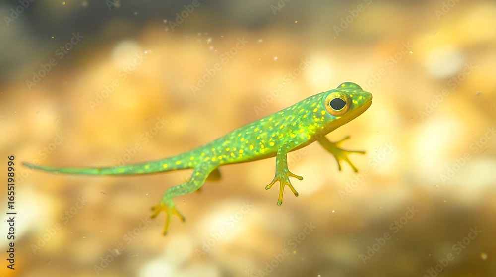 Fototapeta premium A vibrant green newt with a spotted pattern swims in its natural aquatic habitat