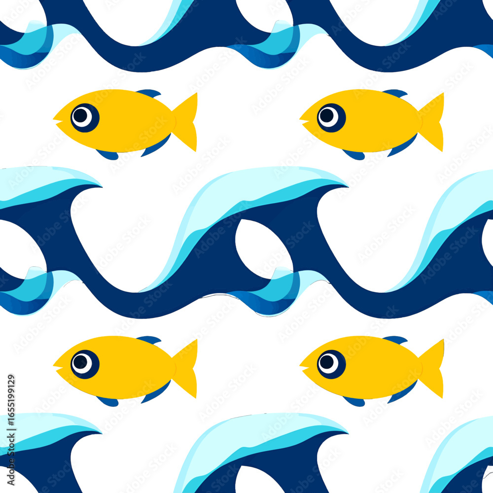 Naklejka premium Oceanic Fish Pattern with Waves