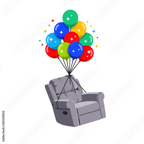 Relaxing Recliner Chair Floating with Colorful Balloons