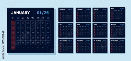 2026 Year Calendar set Dark navy blue schedule Monthly calendar layout for 2026 year. Diary planner 