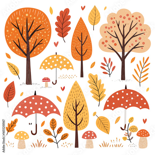 Autumn flat design illustration with trees umbrellas mushrooms and falling leaves vector