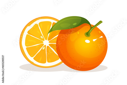 Vector illustration of fresh tangerine fruit whole and half, with juicy pulp and vibrant orange peel isolated on white background.