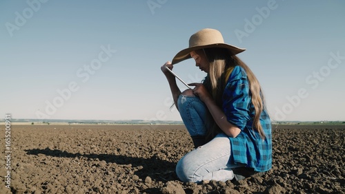 Obraz na plátně Agriculture, an agronomist with a tablet checks in the field fertile land, organ
