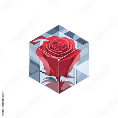 Red Rose Preserved in a Glass Cube