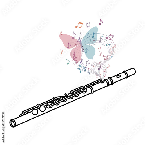 Flute with Musical Notes and Butterfly Design
