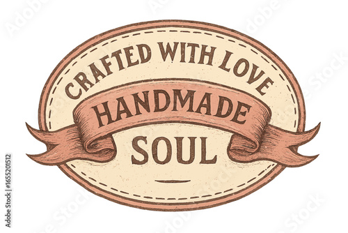 A charming vintage emblem declares 'Crafted With Love Handmade Soul' on a banner. Hand-drawn sketched doodle badge with scribble, marker, ink, vector label, transparent background