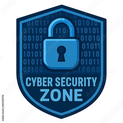 Cyber security zone badge featuring a padlock and binary code, representing digital safety and data protection. Modern flat vector sticker label with icon and badge style, transparent background