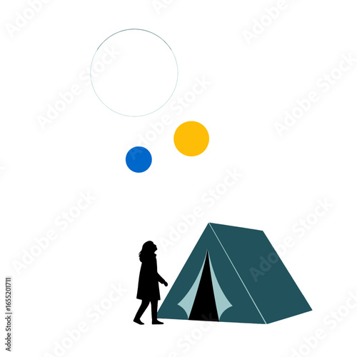 Woman Camping Under a Tent with Colorful Circles