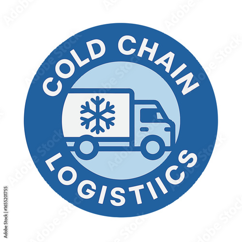 The logo shows a refrigerated truck, symbolizing cold chain logistics and efficient delivery. Modern flat vector sticker label with icon and badge style, transparent background