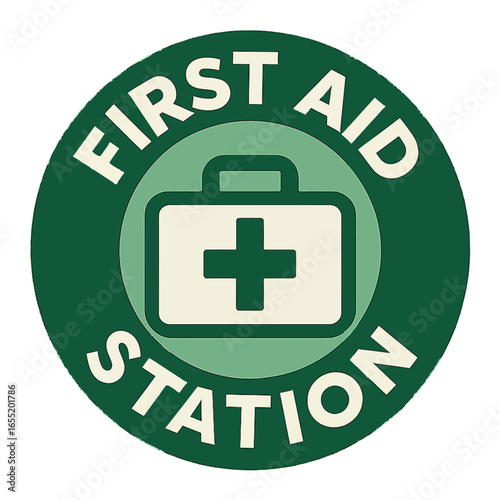 A clear first aid station sign, featuring a cross symbol, indicates health and safety. Modern flat vector sticker label with icon and badge style, transparent background