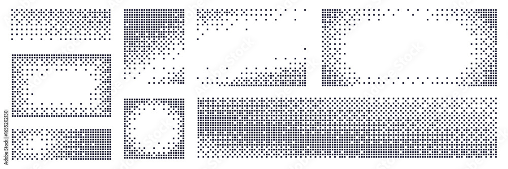 Set of pixel transform effect with halftone dot pattern. Black mosaic frames with square shapes, abstract disintegration. 8bit art backgrounds with explosion and geometric elements