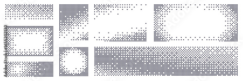 Set of pixel transform effect with halftone dot pattern. Black mosaic frames with square shapes, abstract disintegration. 8bit art backgrounds with explosion and geometric elements