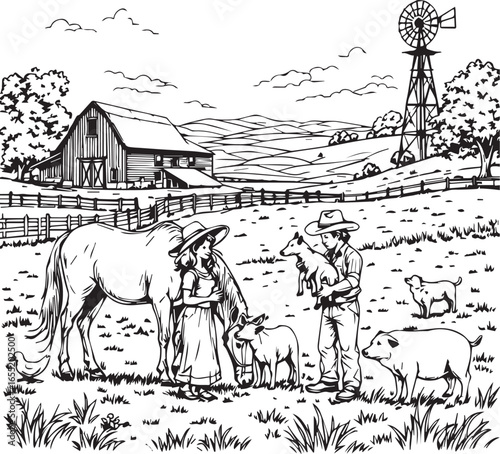 Black-and-white farm scene with children, animals, barn, and windmill—wholesome rural life in detailed line illustration
