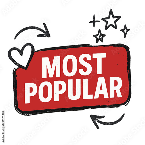This image features a 'Most Popular' sign with stars, arrows, and heart on a black backdrop. Hand-drawn sketched doodle badge with scribble, marker, ink, vector label, transparent background