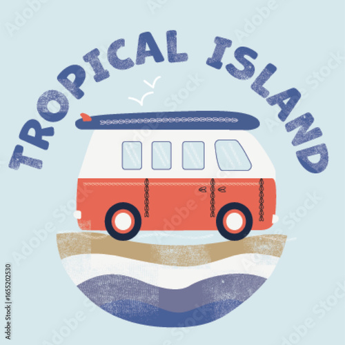 bus graphic l with typography and tropiical island vector illustration design for boys graphics, slogan tees, t shirt prints, posters, stickers. light blue background
