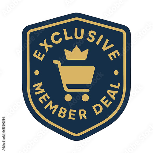 Exclusive member deal badge with shopping cart and crown icon. Modern flat vector sticker label with icon and badge style, transparent background