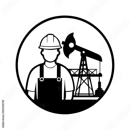 Vector art of man worker with oil pump jack icon in circle icon