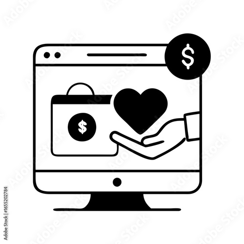 Vector art of online donation concept with heart and hand receiving money icon