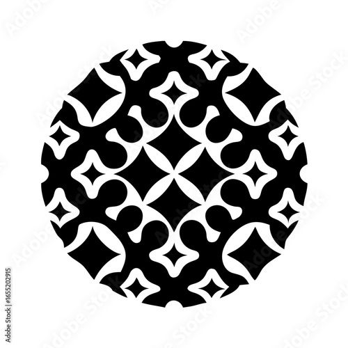 Vector art of abstract black and white geometric pattern inside a circle, creating a decorative and intricate design