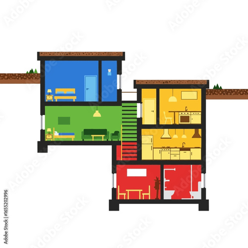 Colorful Modern House Floor Plan with Underground Level