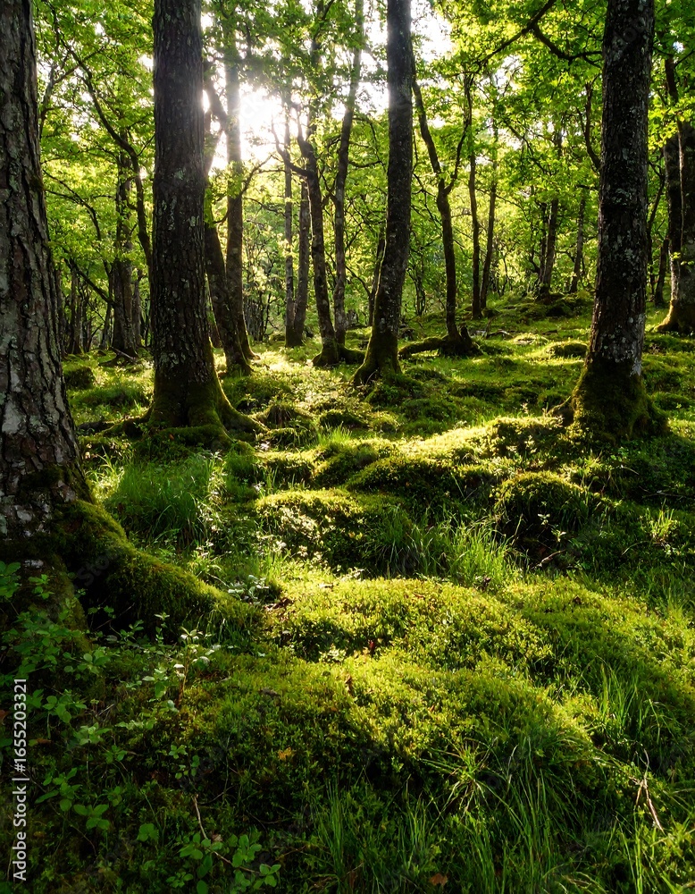 Obraz premium Sunlit mossy forest floor