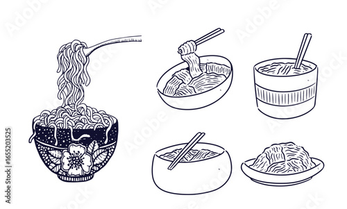 Chinese chicken noodles, doodle sketch