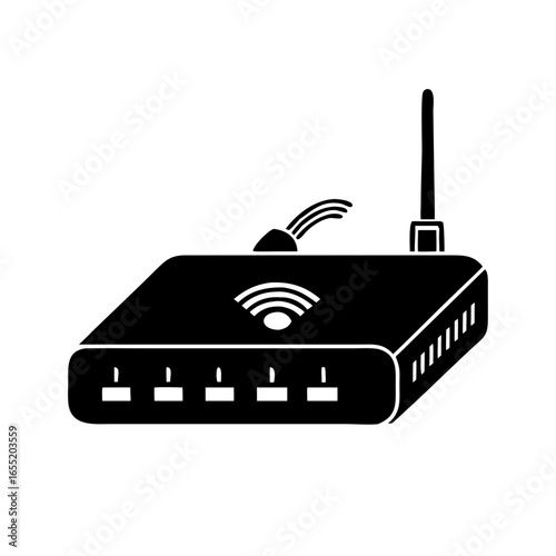 Vector art of black silhouette of a wireless router with an antenna and wifi signal icon