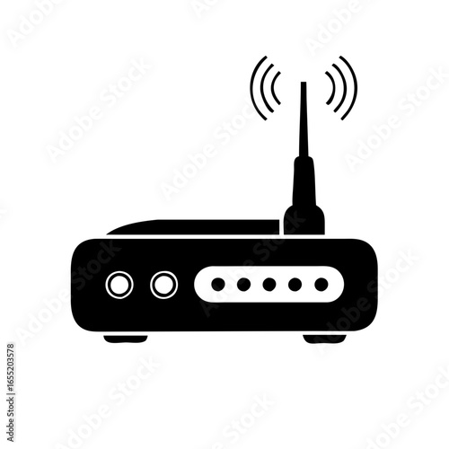 Vector art of black icon of a wireless router with an antenna and radiating wifi signal  icon